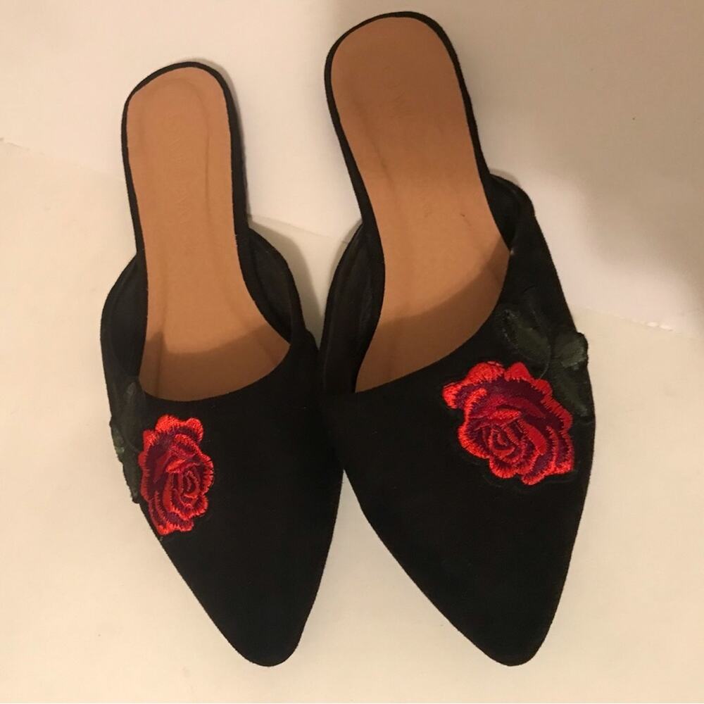 Wild Diva Lounge black suede with sewn on rose slip on mules